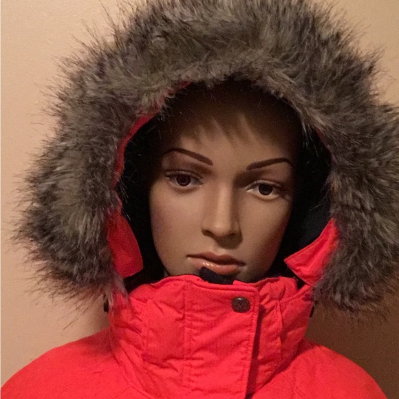 Red/Orange Columbia Down Jacket with Synthetic Fur Hood Trim - Picture 3 of 13